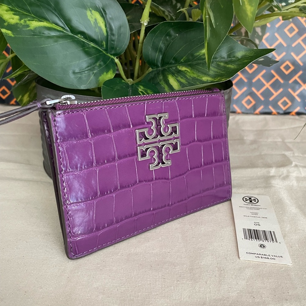 New✨ tory burch britten embossed zip card case wild thistle - Picture 3 of 12